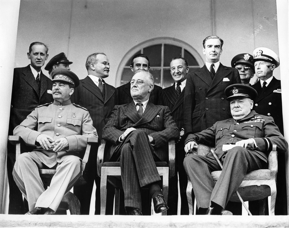 Joseph Stalin, Franklin D. Roosevelt, and Winston Churchill during the Tehran Conference, 1943.