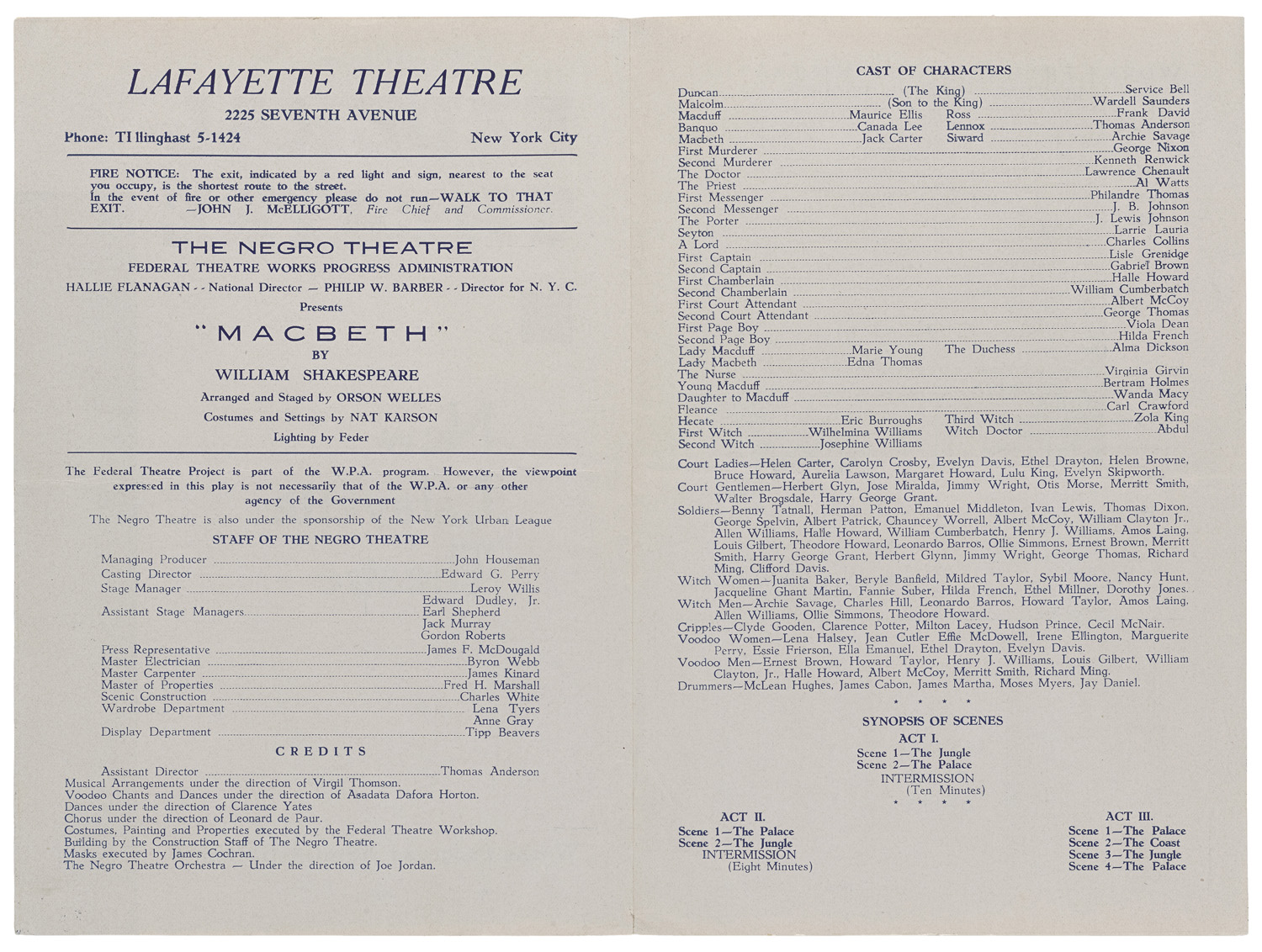 Inner pages listing cast and crew of the WPA Federal Negro Theatre Unit&#039;s initial NYC run of Macbeth at Harlem&#039;s New Lafayette Theatre