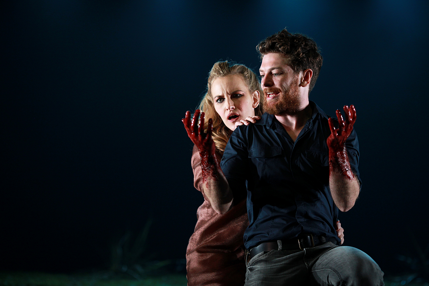 Kate Mulvany as Lady Macbeth and Dan Spielman as Macbeth gaze at the latter&#039;s bloody hands in Bell Shakespeare’s 2012 production © Rush